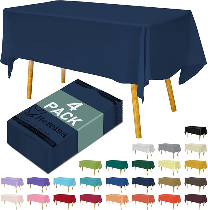 Disposable Plastic Tablecloth 54x108 Inch Rectangle - Navy Blue, 4 Pack Waterproof & Tear-Resistant Party Table Cover for Dining, Picnic, Crafts, Holiday Decor