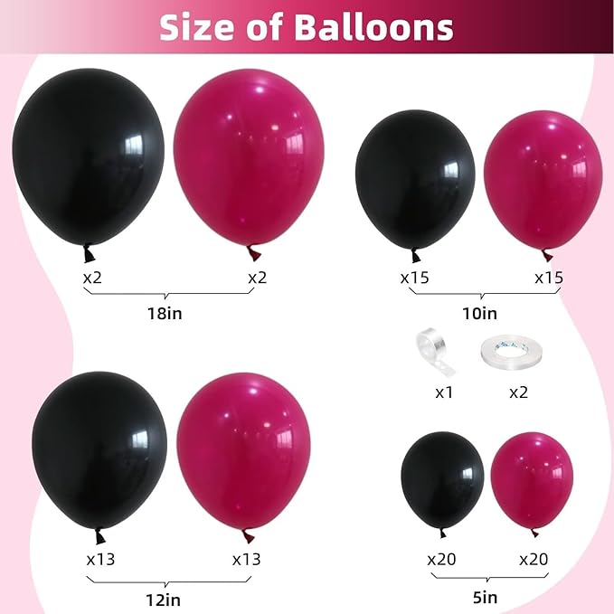 Hot Pink and Black Balloon Arch Kit, Hot Pink Black Balloon Garland Kit, Rose Red Black Latex Balloons Different Sizes for Women's Birthday Decorations Wedding Baby Shower Engagement Party Supplies