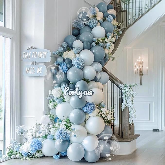 Dusty Blue White Balloon Arch Kit Double Stuffed Pastel Slate Blue White Matte Latex Balloon Garland for Baby Shower Birthday Bridal Wedding Valentines Easter Party