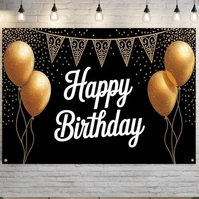 Happy Birthday Porch Banner 71x43 Inch, Large Black and Gold Balloon Backdrop with Confetti and Flags, Birthday Party Decorations for Indoor Outdoor Yard Patio Wall Hanging