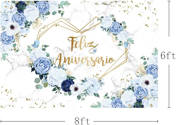 MEHOFOND 8x6ft Feliz Aniversario Backdrop Blue White Floral Wedding Anniversary Photography Background Hearts Geometric Couple Wedding Women Birthday Party Cake Smash Decor Studio Photo Props