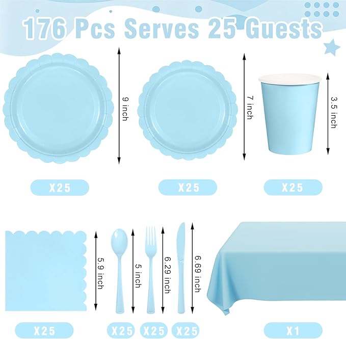 176 PCS Light Blue Party Decorations Includes Scalloped Plates, Napkins, Cups, Cutlery, Tablecloth for Baby Shower Wedding Birthday Party Decorations, Serves 25