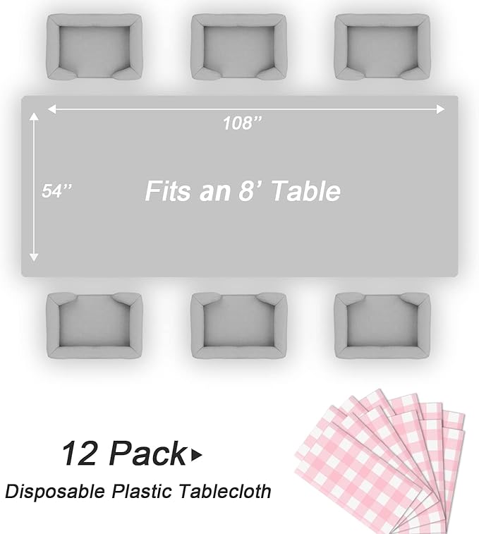 QIKSION Pink Gingham Tablecloth Disposable 12 Pack, 54 x 108 Inch Pink and White Checkered Table Cloth for Baby Shower, Easter, Mothers Day Decorations, Birthday Party, Rectangle, Plastic Table Cover