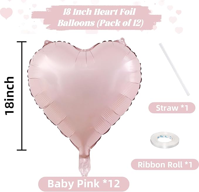 Baby Pink Heart Balloons, 18 Inch Pink Heart Balloons, 12Pcs Large Pearl Pink Heart Shape Foil Balloons, Pastel Pink Helium Foil Balloons for Boho Girls Women Birthday Wedding Baby Shower Valentines