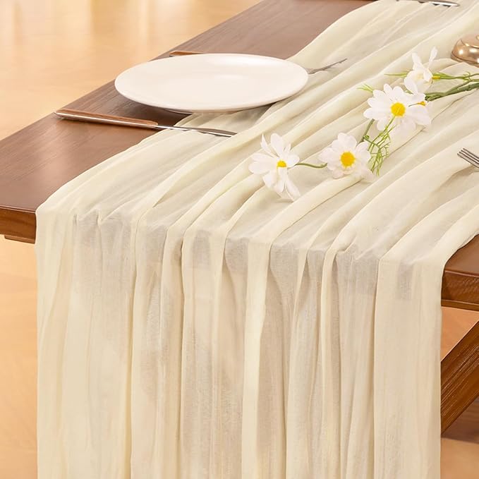 Socomi 6pcs Beige Easter Spring Cheesecloth Table Runner Boho Rustic Gauze 120 inch 10FT Cheese Cloth Runner for Wedding Party Baby Shower Birthday Home Decor Holiday Decorations