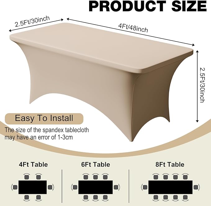 Trlyc 2 Pack 4FT Spandex Table Cloth - 48 x 30 Inch Rectangular Stretch Tablecloth, Wrinkle Resistant Scretch Table Cover for Wedding, Party, Banquet, Picnic, Outdoor Decoration (2Pcs,Champagne)