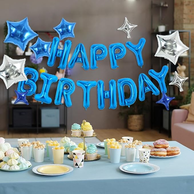 TONIFUL 35PCS 16 Inch Blue Happy Birthday Balloon Blue Happy Birthday Balloons Decorations with Star Balloons for Girls Boys Kids Men Women Adults Birthday Party Decorations Supplies