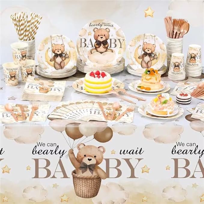 452 Pcs We Can Bearly Wait Baby Shower Decorations, Brown Bear Paper Plates Napkins Cups Tablecloth Cutlery Straws for Brown Baby Shower Gender Reveal Birthday Party Supplies, Serves 50