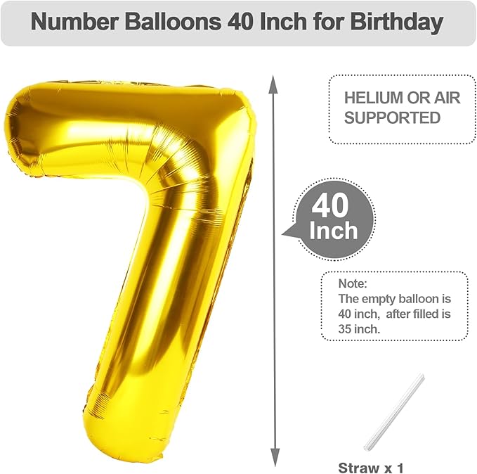 7 Balloon Gold Number, 17th Birthday Decorations For boys And Girls, 40 Inch Big Balloons for 7, 17, 27, 70 Birthday, Wedding Anniversary, Christmas, New Year, Halloween Party Decoration