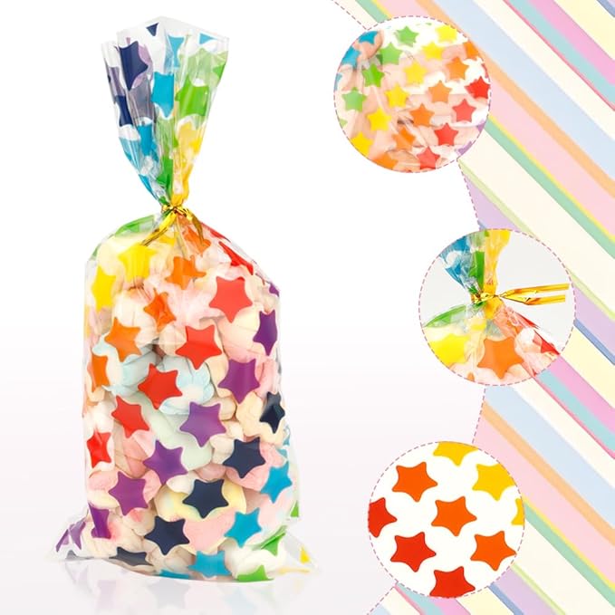 Party Favor Bags for Kids Birthday, 200 PCS Rainbow Cellophane Treat Goodie Candy Gifts Bags with Ties Colored Pouch Stuffers Baby Show Supplies Baggies Colorful Dot Stripes Printed Wrap(5x11 Inch)
