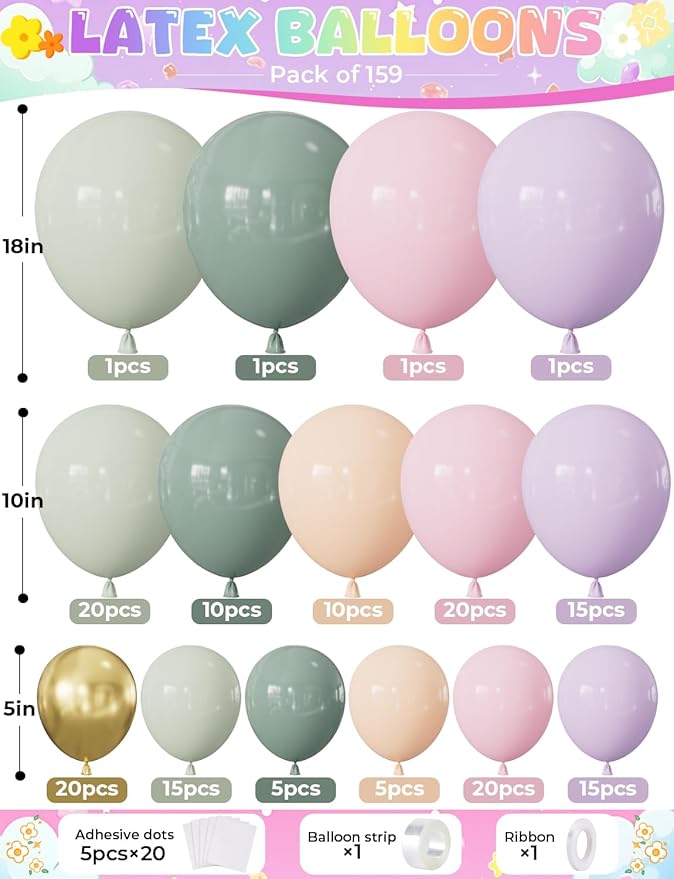 Fairy Balloon Arch Kit – 159PCS Pastel Pink Purple Dusty Blue Green Orange and Gold Balloons, for Fairtale Birthday, Baby Shower, Spring Garden Tea Party, Wonderland Party Decor