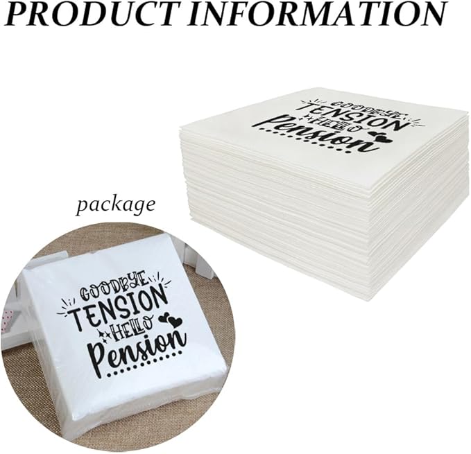 Retirement Cocktail Napkins Party Napkins Beverage Napkins Bar Napkins Disposable Paper Novelty Humorous Gag Gift 100Pcs 4.5 x 4.5 13-ply (Goodby Tension Hello Pension)