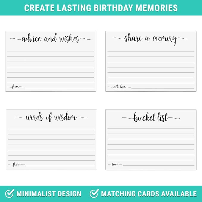 321Done Birthday Wishes and Advice (50) 4x6" White Cards - Good Advice, Best Wishes, Memories Cards - Bday Party Idea Activity - Sweet 16, 30th, 40th, 50th - Fun Ad Lib Prompts - Made in USA