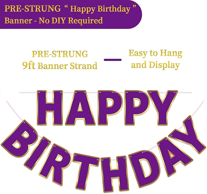 Happy Birthday Banner - 9ft Pre-Strung Happy Birthday Sign for Women, Men, Girls, Boys - No DIY Birthday Decorations & Party Supplies(Purple)