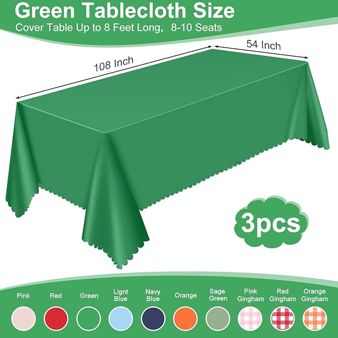 3 Pack St Patrick's Day Tablecloth, 54 x 108 Inch Plastic Green Tablecloths Disposable Green Table Cloth for Rectangle St Patricks Day Decorations, Waterproof Table Cover for Wedding Anniversary Party