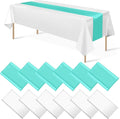 12Pack 12x108 Inch Satin Table Runner and 54x108Inch Plastic Tablecloths Set White and Teal Disposable Rectangle Table Cover for Graduation Wedding Bridal Shower Anniversary Birthday Party Decorations