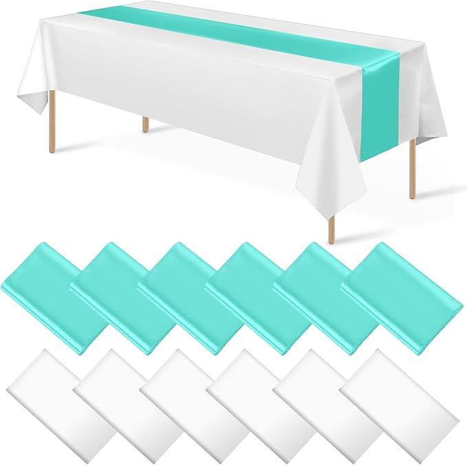 12Pack 12x108 Inch Satin Table Runner and 54x108Inch Plastic Tablecloths Set White and Teal Disposable Rectangle Table Cover for Graduation Wedding Bridal Shower Anniversary Birthday Party Decorations