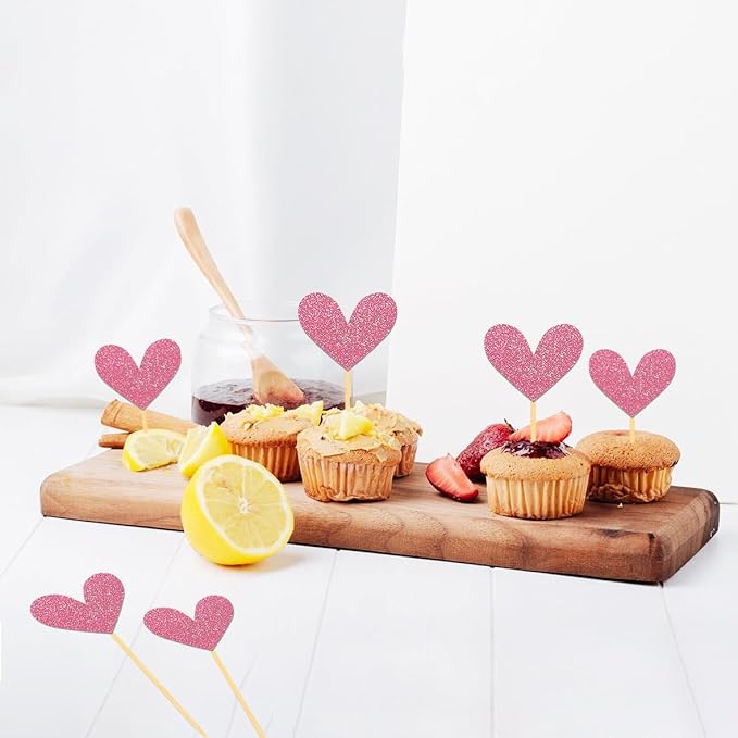 24Pcs Glitter Pink Heart Cupcake Toppers for Valentine's Day Decorations, Mixed Size Double-Sided Heart Valentine's Day Cupcake Toppers for Wedding Bridal Shower Party Decorations (Pink)