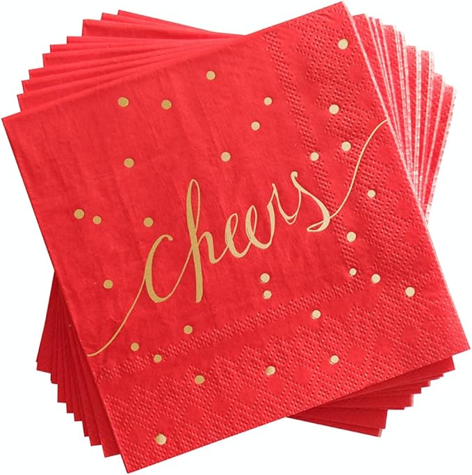 Red & Gold Cocktail Napkins - Disposable, 3 Ply, Paper, Decorative, Christmas, Love Napkins - Pack of 100