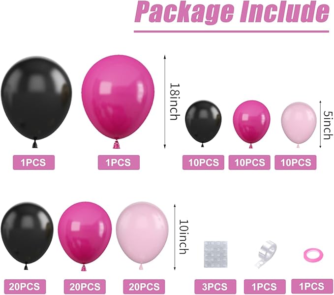 Hot Pink Black Balloon Garland Arch Kit,Rose Red Black and Pink Latex Balloons for Baby Shower Wedding Birthday Graduation Anniversary Bachelorette Party Background Decorations