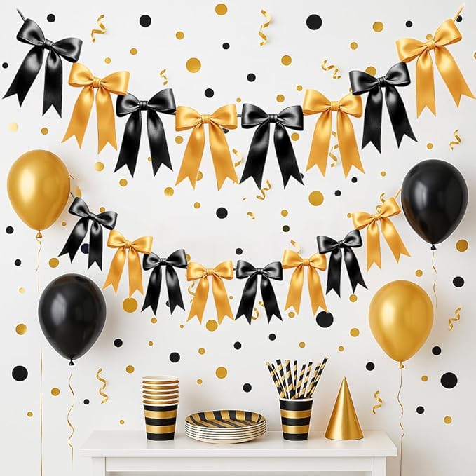 2 Strings of 16PCS Black&Gold Bow Garlands Banner Decoration,Pre-Strung Satin Ribbon Ornaments for Birthday,Bachelorette Party,Bridal Shower,Wedding,Engagement,Baby Shower,Graduation Decor,Anniversary