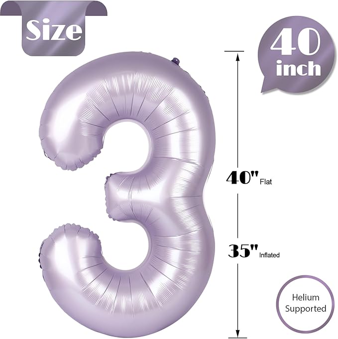 Lilac Number 3 Balloon 40 Inch, Lavender 3 Balloon Number, Mauve 3rd Birthday Decorations, Lilac Mauve Party Supplies for Boys Girls