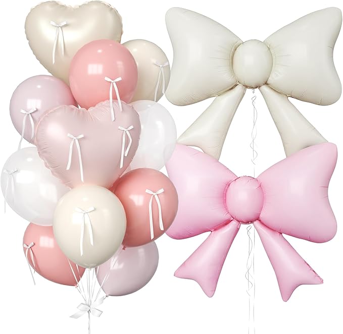 Paready Pink and Cream Heart Balloons, 38 Inch Bow Balloons, Dusty Pink Pearl White Sand White Balloon and Bow Heart Shaped Foil Balloon for Girls Birthday Bridal Baby Shower Valentines Decorations
