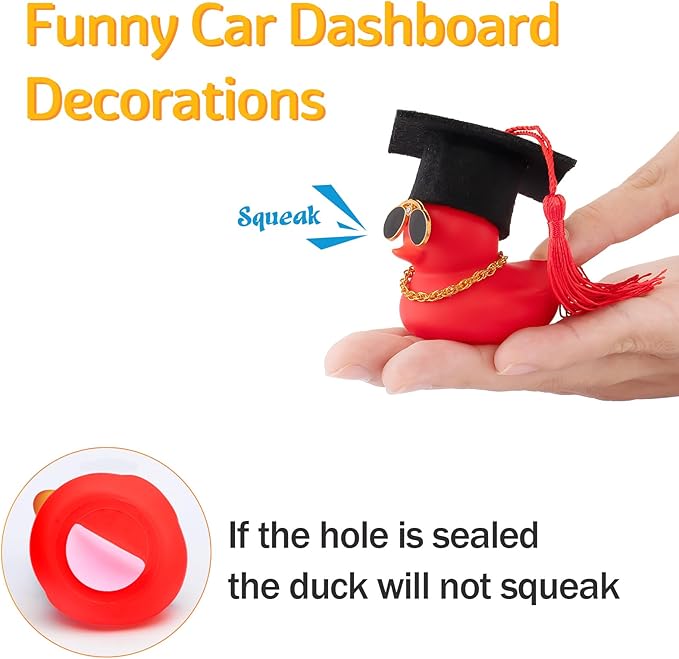 wonuu Car Dashboard Decor Graduation Hat Color Rubber Duck, Car Ducks Ornaments with Mini Graduation Hat Necklace Sunglasses (Blue)