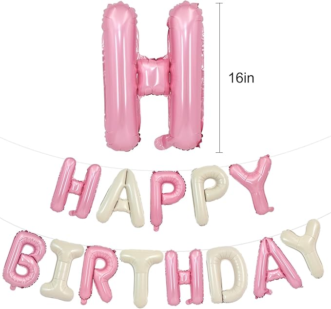 TONIFUL Happy Birthday Balloons with Ribbon Straw 16 Inch Mylar Letters Balloons Sign Banner Bunting Reusable for Girls Boys Kids & Adults Party Decorations Supplies（Cream White Pink）