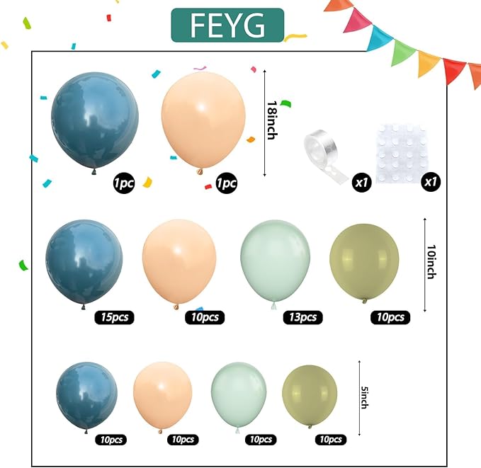 Dusty Green Blue Balloon Arch Kit, Pastel Sage Green Slate Blue Beige Apricot Latex Balloons Garland Kit for Women Men Neutral Birthday Wedding Baby Bridal Shower Jungle Safari Party Decorations