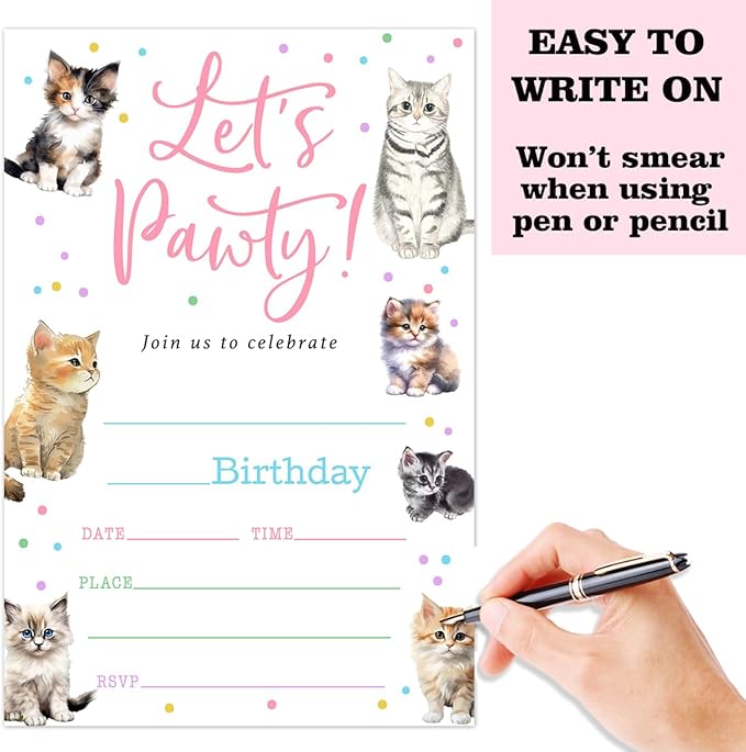 Cat Birthday Party Invitation Cards For Girls Boys Kids, Let's Pawty Birthday Party Supplies Favors, 20 Fill-In Invitation Cards with Envelopes -20