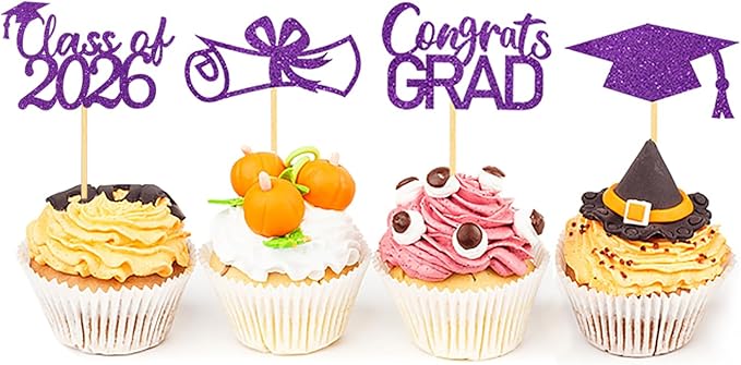 2026 Graduation Theme Cupcake Toppers Glitter Class of 2025 Graduation Cap Diploma Cupcake Picks - Set of 24 (Purple2)