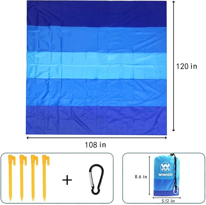 WIWIGO Beach Blanket Waterproof Sandproof Beach Mat 79" X 83"/10'x9'for 2-8 Adults Quick Drying Outdoor Picnic Mat Beach Accessories for Travel, Camping, Hiking