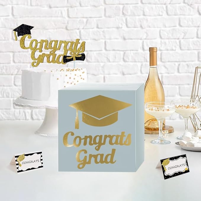 Graduation Card Box Holder, Congrats Grad Foldable Cardboard Decorations Box for Graduation Party Decoration and Grad Parties (Breyish Blue)