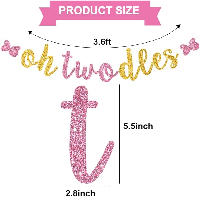 Glitter Pink Gold Oh Twodles Banner Pre-Strung Mouse Themed Cartoon Party Sign Garland 2nd Baby Birthday Decorations Birthday Party Supplies for Boys Girls,NO DIY
