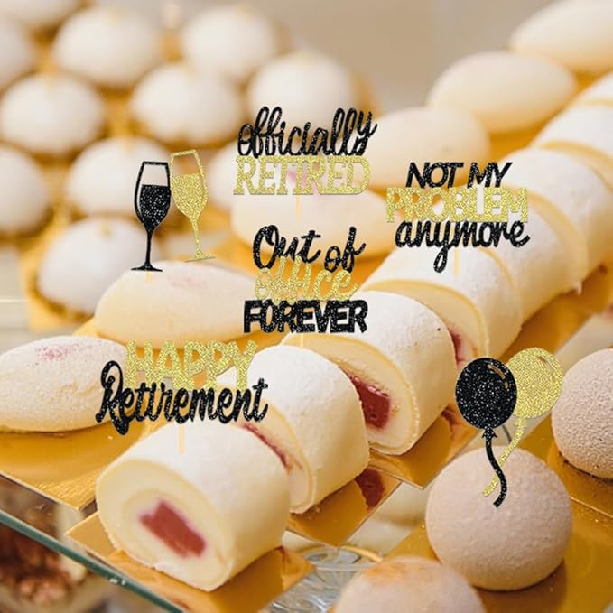 24 Pcs Happy Retirement Cupcake Toppers Officially Retired Cupcake Picks, Out Of Office Forever Retirement Theme Cake Toppers Decorations for Farewell Party Cakes (Black&Gold)
