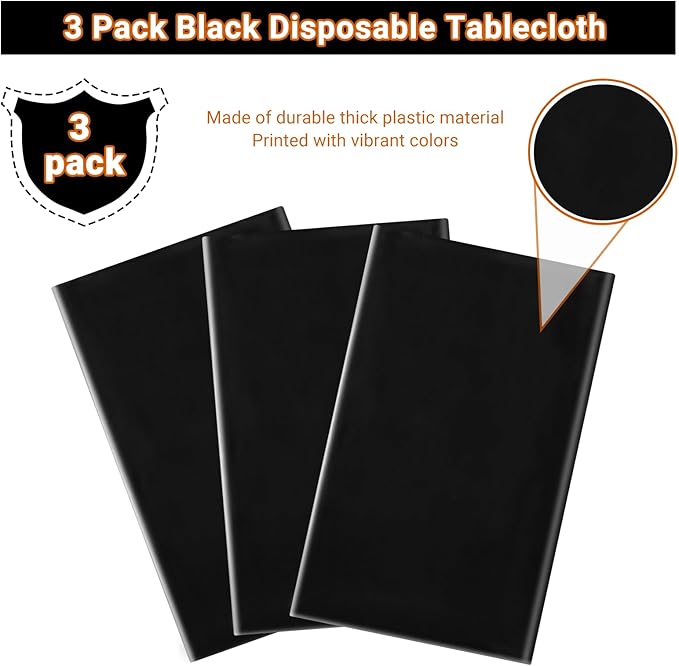MRJ 3 Pack Black Tablecloth Rectangle Plastic Table Cloth 54 x 108 Inch Waterproof for Outdoor Picnic Holiday Party Disposable Use