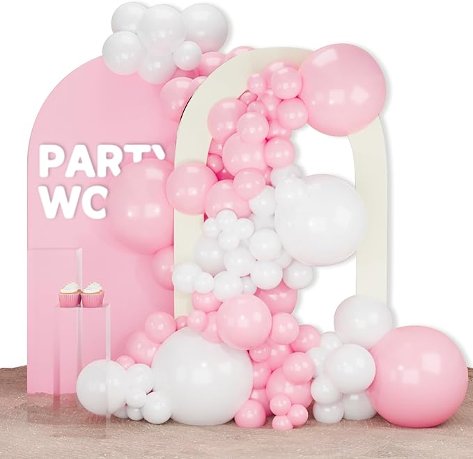 PartyWoo Pink and White Balloons, 140 pcs Pastel Pink and White Balloons Different Sizes Pack of 18 Inch 12 Inch 10 Inch 5 Inch for Balloon Garland or Arch as Birthday Decorations, Party Decorations