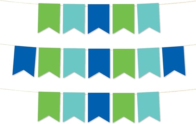 Andaz Press Hanging Pennant Banner with String, Kiwi Green, Turquoise, Royal Blue, 1-Set, 24 Pennants, Approx. 12-Feet Long, Rainbow Peacock Theme