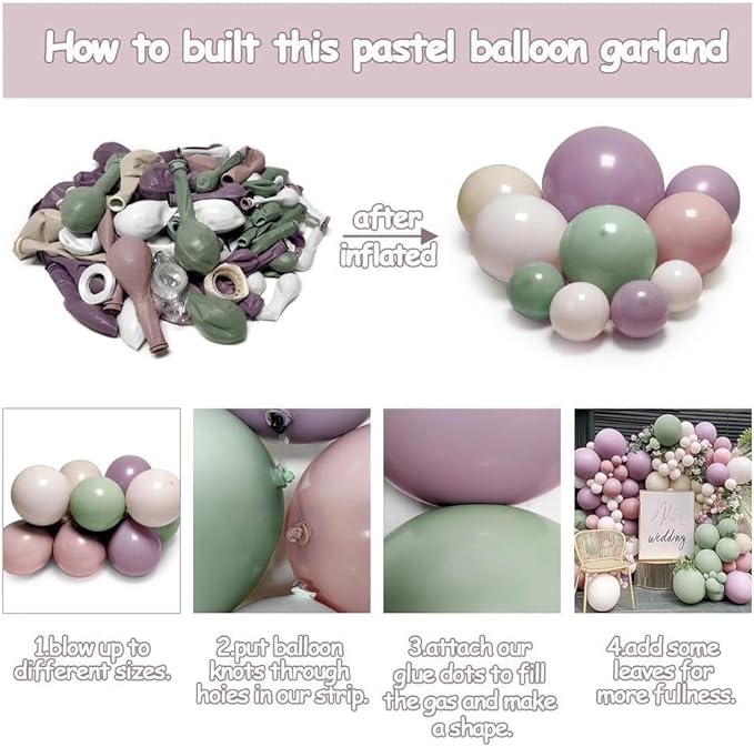 Dusty Green Purple Balloon Garland Double Stuffed Pastel Green Lavender Pink White Sand Balloon Arch Kit Light Lilac Cream Balloons for Baby Shower Easter Birthday Wedding Wildflower Fairy Party Decor
