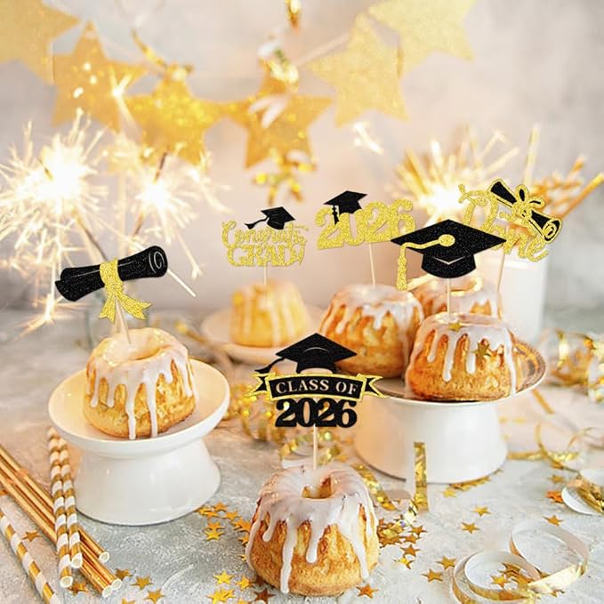 2026 Graduation Cupcake Toppers, 36 pack Gold Glitter Class of 2026 Congrats Grad Diploma Graduation Cap Cupcake Picks for 2026 Graduation Party decorating Supplies