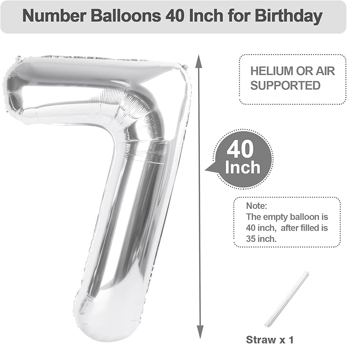 7 Number Balloons Silver, 17th Birthday Decorations For Boys And Girls, 40 Inch Big Balloons for 7, 17, 27, 70 Birthday, Wedding Anniversary, Christmas, New Year, Party Decoration