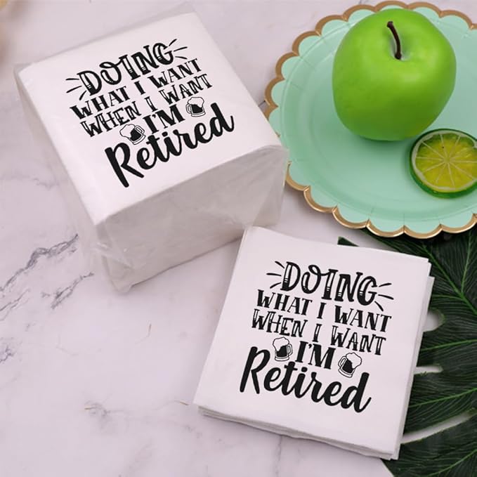 Retirement Cocktail Napkins Party Napkins Beverage Napkins Bar Napkins Disposable Paper Novelty Humorous Gag Gift 100Pcs 4.5 x 4.5 6-ply (Doing What I Want When I Want I'm Retired)