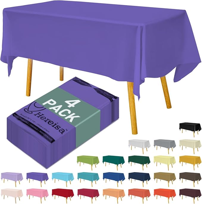 Disposable Plastic Tablecloth 54x108 Inch Rectangle - Purple, 4 Pack Waterproof & Tear-Resistant Party Table Cover for Dining, Picnic, Crafts, Holiday Decor