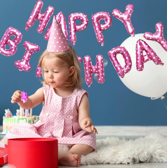 KALOR Pink Happy Birthday Balloons Banner, 16 Inch 16 Inch Mylar Foil Letters Balloon Sign for Birthday Party Decorations Photo Booth Backdrop