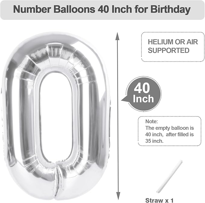 40 Inch Numbers Balloon, Silver Balloons for Birthday Party Decoration, Foil Number 0 Ballon for 10, 20, 30, 100, 2026 Celebration, Birthday, Baby Shower, Anniversary Decor