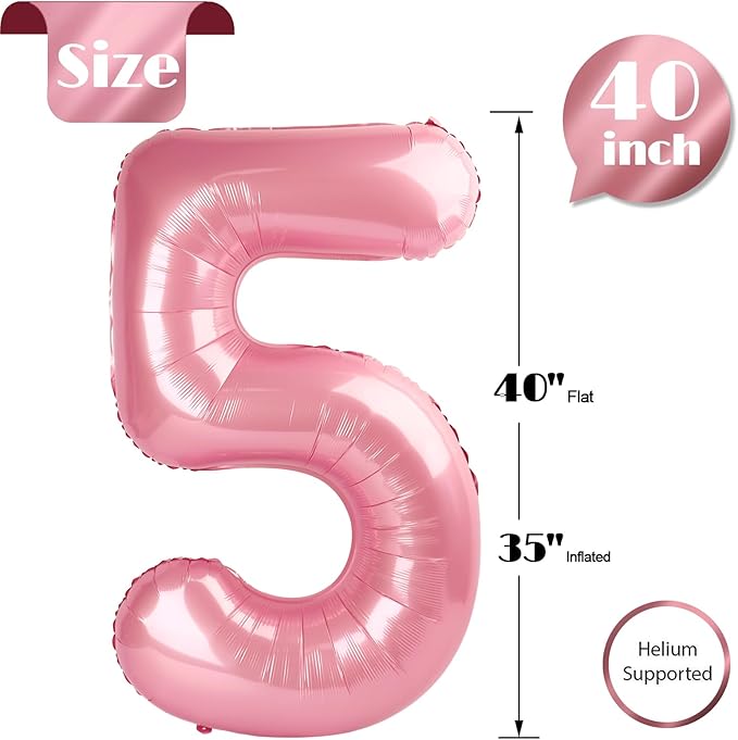 Pearlescent Pink Number 5 Balloon 40 Inch, 5 Balloon Number, 5th Birthday Decorations, Pearlescent Pink Party Supplies for Boys Girls