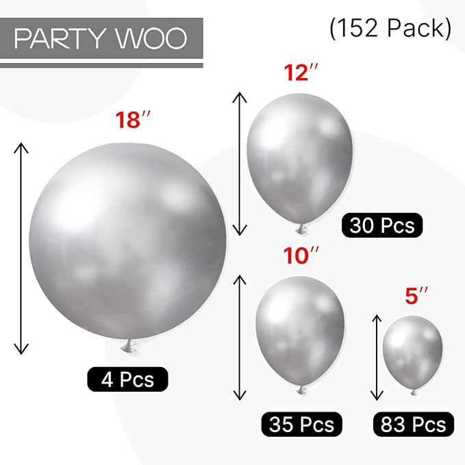 PartyWoo Silver Balloons 152 pcs Different Sizes of 18 12 10 5 Inch Silver Balloon Arch Kit Garland for Birthday Graduation Bachelorette Engagement Bridal Shower Wedding Party Decorations Silver-G102