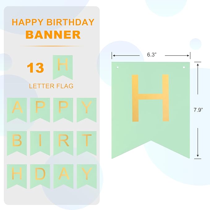 Green Happy Birthday Banner - Mint Green Hanging Backdrop Sign with Gold Letters, Happy Birthday Sign Bunting Decorations for Women men Kids Baby Shower Party Supplies (13pcs)