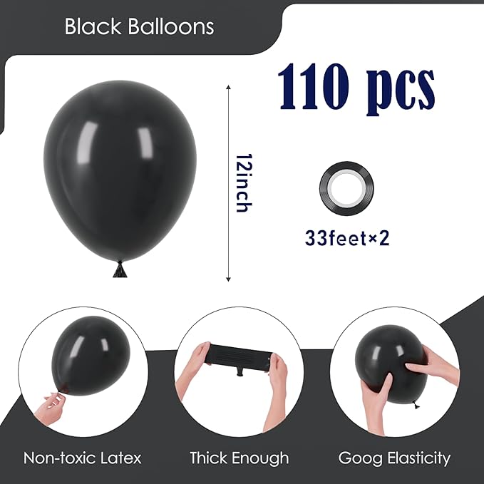 110pcs Black Balloons 12inch Matte Black Latex Party Balloons for Graduation, Wedding, Birthday, New Year, Baby Shower, Anniversary, Holiday Party Decorations